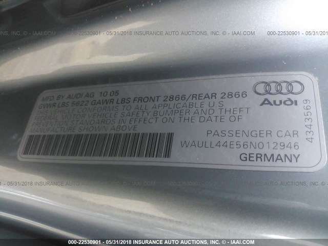 WAULL44E56N012946 - 2006 AUDI A8 4.2 QUATTRO Light Blue photo 9