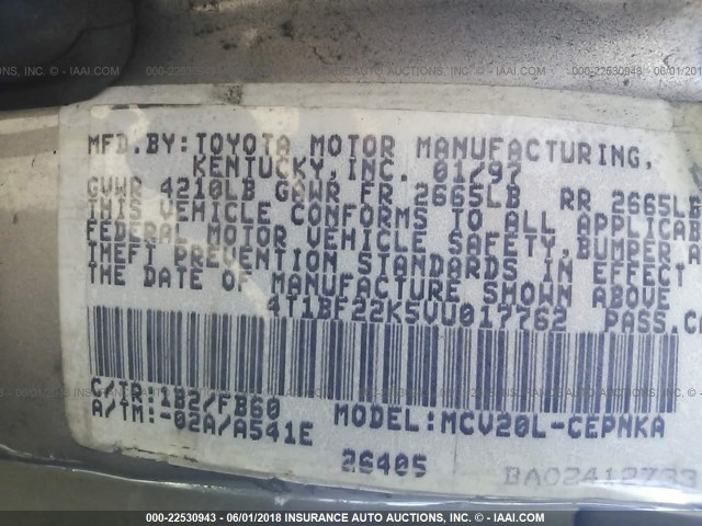 4T1BF22K5VU017762 - 1997 TOYOTA CAMRY CE/LE/XLE GRAY photo 9
