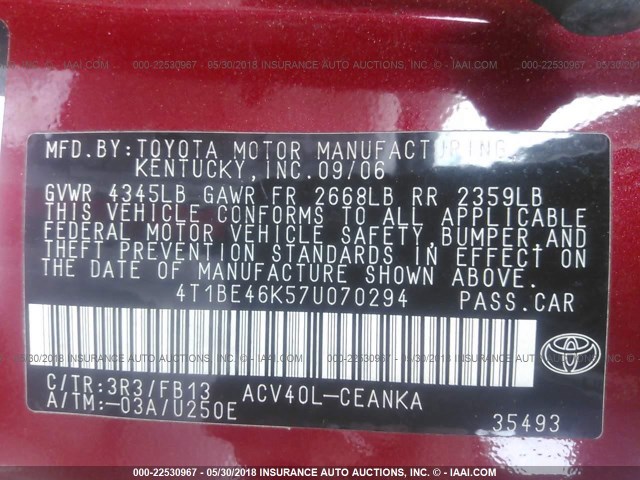 4T1BE46K57U070294 - 2007 TOYOTA CAMRY NEW GENERAT CE/LE/XLE/SE RED photo 9