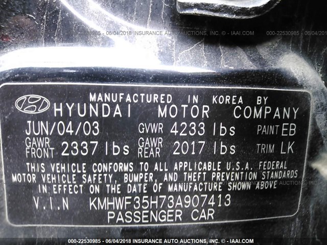 KMHWF35H73A907413 - 2003 HYUNDAI SONATA GLS/LX BLACK photo 9