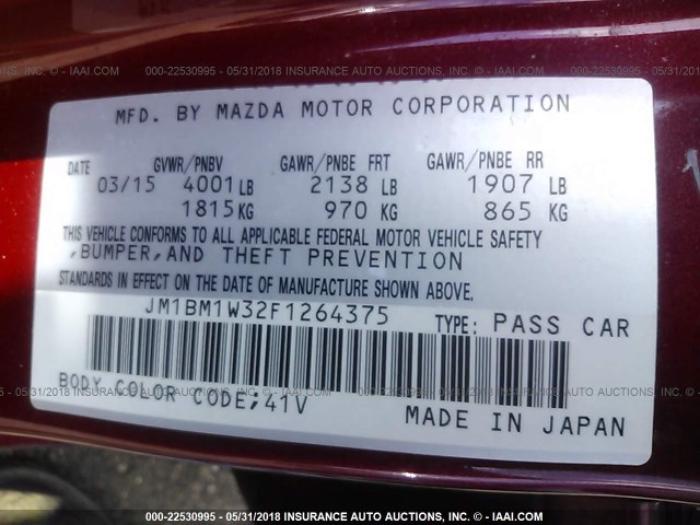 JM1BM1W32F1264375 - 2015 MAZDA 3 GRAND TOURING RED photo 9