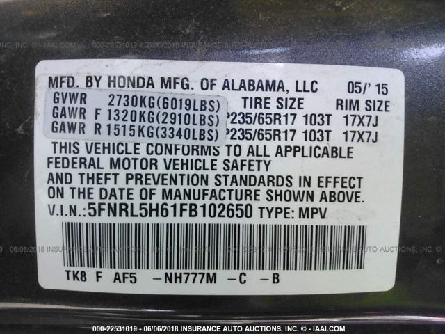 5FNRL5H61FB102650 - 2015 HONDA ODYSSEY EXL GRAY photo 9