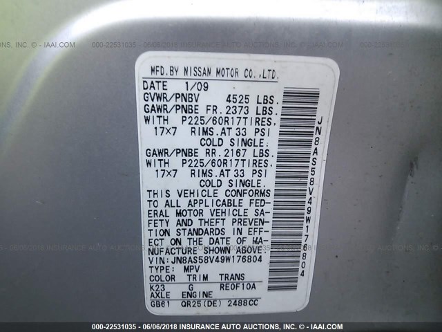 JN8AS58V49W176804 - 2009 NISSAN ROGUE S/SL SILVER photo 9