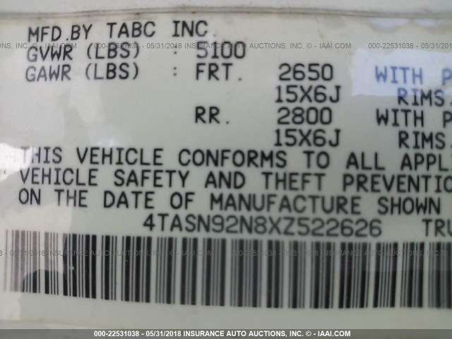 4TASN92N8XZ522626 - 1999 TOYOTA TACOMA XTRACAB PRERUNNER თეთრი ფოტო 9