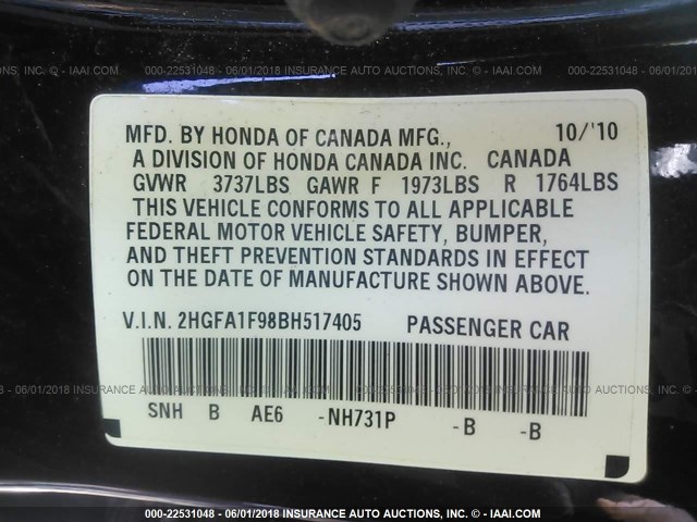 2HGFA1F98BH517405 - 2011 HONDA CIVIC EXL BLACK photo 9