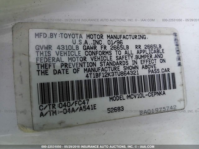 4T1BF12K3TU864321 - 1996 TOYOTA CAMRY LE/XLE/SE თეთრი ფოტო 9