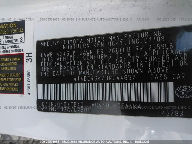 4T4BE46K78R044657 - 2008 TOYOTA CAMRY CE/LE/XLE/SE WHITE photo 9