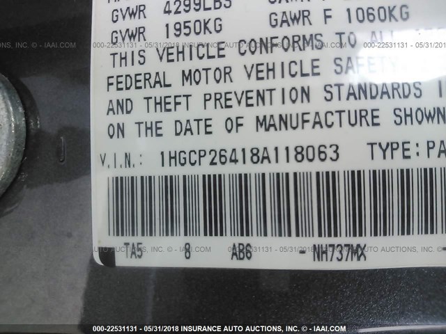 1HGCP26418A118063 - 2008 HONDA ACCORD LXP GRAY photo 9