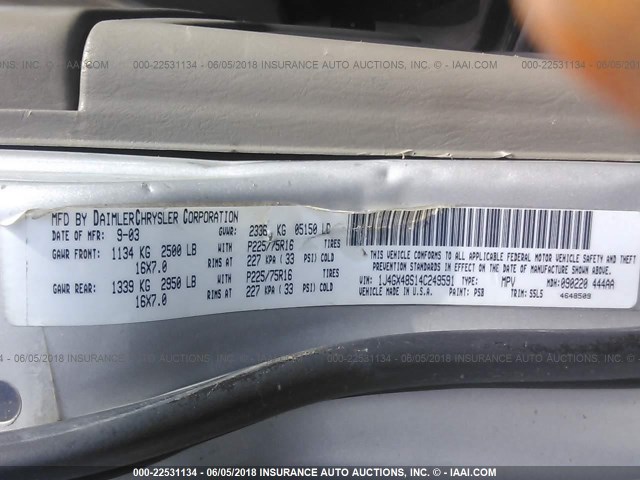 1J4GX48S14C249591 - 2004 JEEP GRAND CHEROKEE LAREDO/COLUMBIA/FREEDOM 银色 照片 9