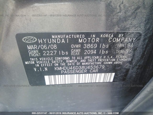 KMHDU46D38U453679 - 2008 HYUNDAI ELANTRA GLS/SE/LIMITED GRAY photo 9