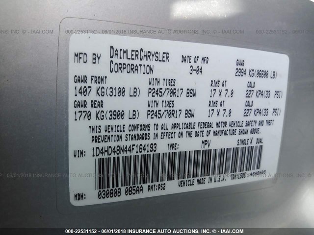 1D4HD48N44F164193 - 2004 DODGE DURANGO SLT SILVER photo 9