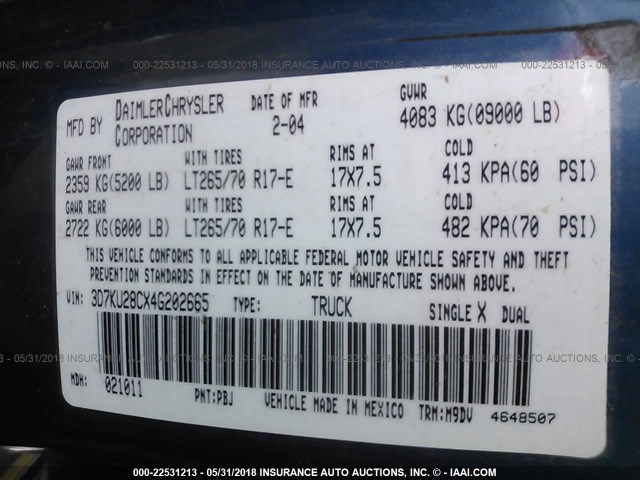 3D7KU28CX4G202665 - 2004 DODGE RAM 2500 ST/SLT 蓝色 照片 9