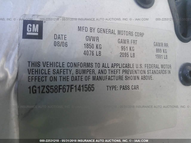 1G1ZS58F67F141565 - 2007 CHEVROLET MALIBU LS 银色 照片 9