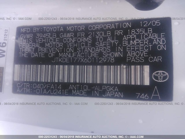 JTKDE177X60112978 - 2006 TOYOTA SCION TC 白色 照片 9