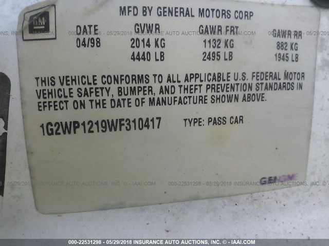 1G2WP1219WF310417 - 1998 PONTIAC GRAND PRIX GTP WHITE photo 9