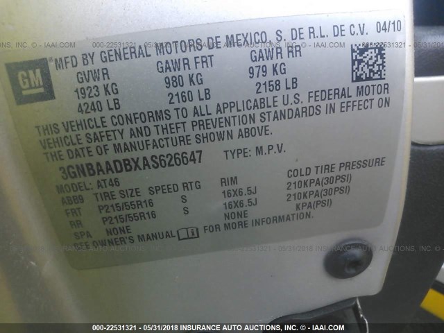 3GNBAADBXAS626647 - 2010 CHEVROLET HHR LS YELLOW photo 9