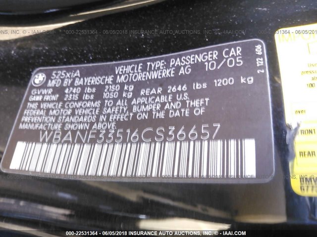 WBANF33516CS36657 - 2006 BMW 525 XI BLACK photo 9