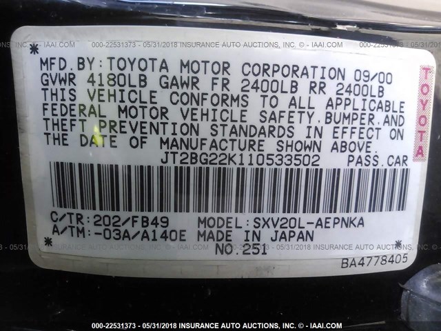 JT2BG22K110533502 - 2001 TOYOTA CAMRY CE/LE/XLE 黑色 照片 9