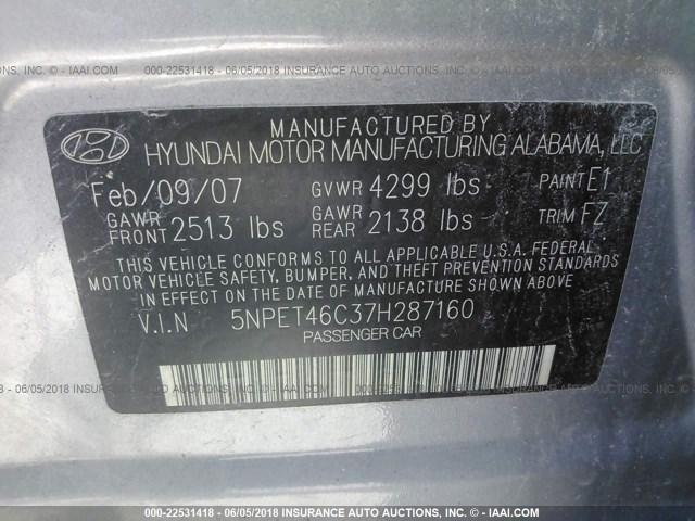 5NPET46C37H287160 - 2007 HYUNDAI SONATA GLS SILVER photo 9