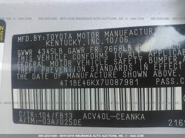 4T1BE46KX7U087981 - 2007 TOYOTA CAMRY NEW GENERAT CE/LE/XLE/SE SILVER photo 9