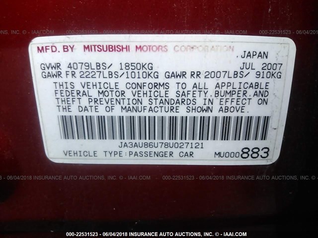 JA3AU86U78U027121 - 2008 MITSUBISHI LANCER GTS RED photo 9