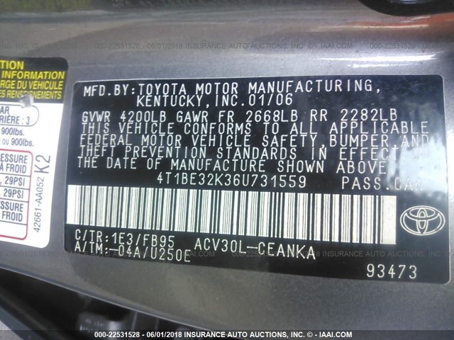 4T1BE32K36U731559 - 2006 TOYOTA CAMRY LE/XLE/SE ნაცრისფერი ფოტო 9