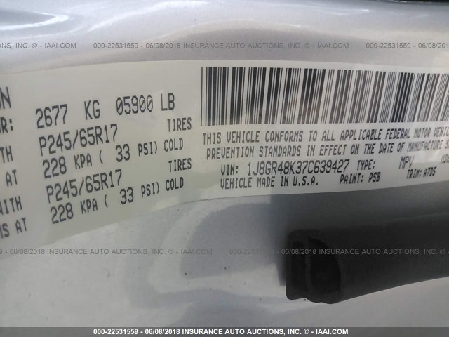 1J8GR48K37C639427 - 2007 JEEP GRAND CHEROKEE LAREDO/COLUMBIA/FREEDOM 银色 照片 9