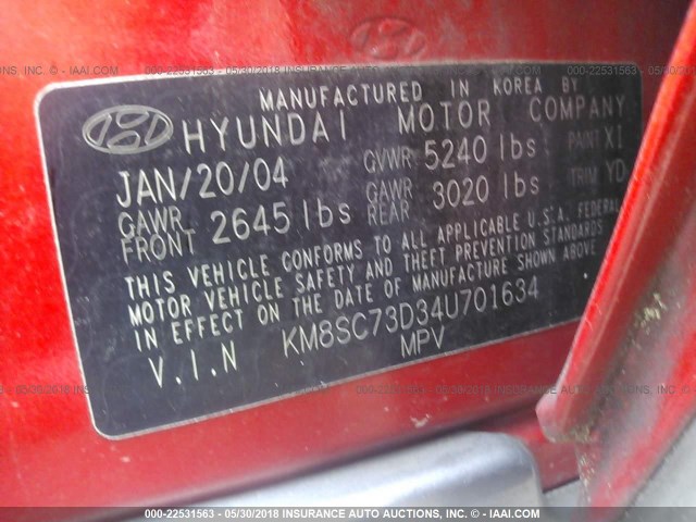 KM8SC73D34U701634 - 2004 HYUNDAI SANTA FE GLS/LX RED photo 9