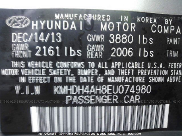 KMHDH4AH8EU074980 - 2014 HYUNDAI ELANTRA SE/SPORT/LIMITED SILVER photo 9