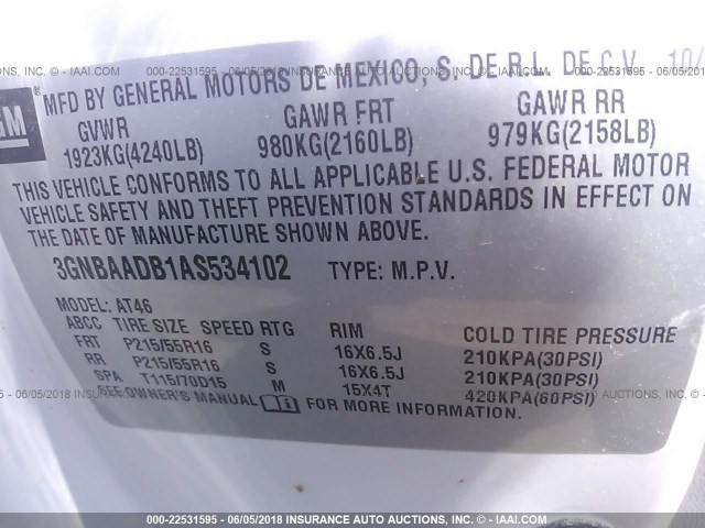 3GNBAADB1AS534102 - 2010 CHEVROLET HHR LS WHITE photo 9