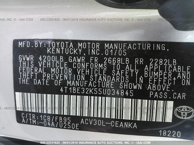 4T1BE32K55U034845 - 2005 TOYOTA CAMRY LE/XLE/SE 银色 照片 9