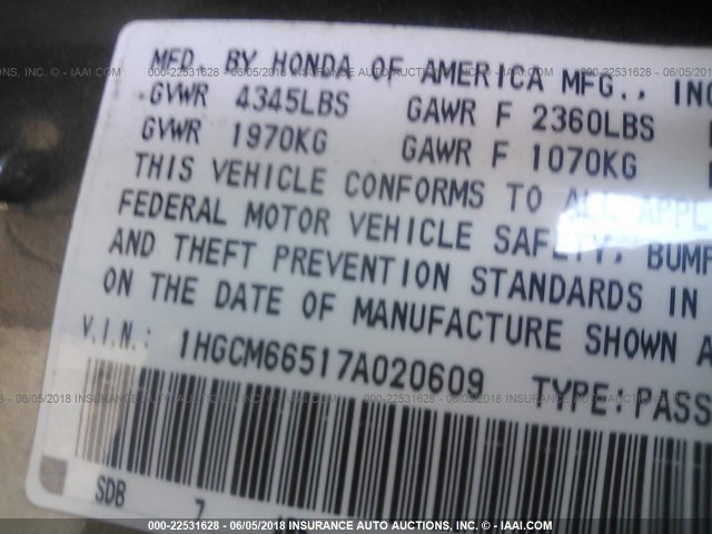 1HGCM66517A020609 - 2007 HONDA ACCORD EX GRAY photo 9