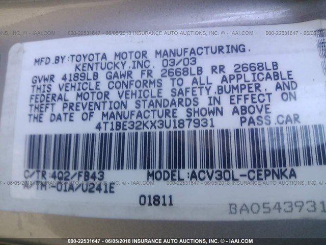 4T1BE32KX3U187931 - 2003 TOYOTA CAMRY LE/XLE/SE GOLD photo 9