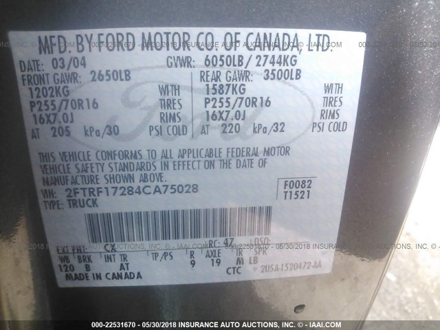 2FTRF17284CA75028 - 2004 FORD F-150 HERITAGE CLASSIC GRAY photo 9