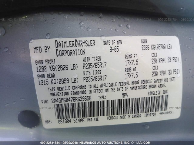 2A4GM68476R639658 - 2006 CHRYSLER PACIFICA TOURING Light Blue photo 9