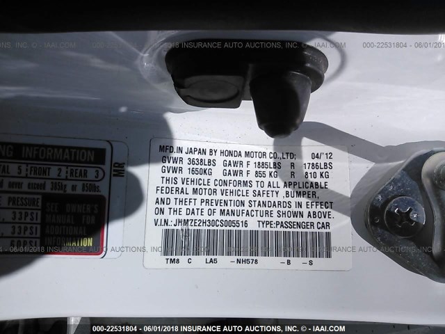 JHMZE2H30CS005516 - 2012 HONDA INSIGHT WHITE photo 9