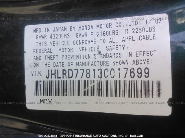 JHLRD77813C017699 - 2003 HONDA CR-V EX GREEN photo 9