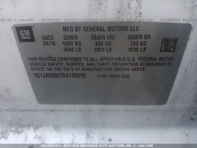 1G1JA6SH7G4176515 - 2016 CHEVROLET SONIC LS 白色 照片 9