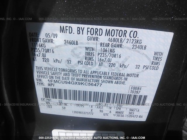 1FMCU94GX9KC56477 - 2009 FORD ESCAPE LIMITED GRAY photo 9