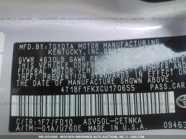 4T1BF1FKXCU170655 - 2012 TOYOTA CAMRY SE/LE/XLE 银色 照片 9