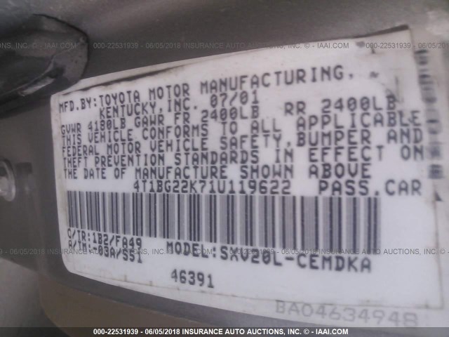 4T1BG22K71U119622 - 2001 TOYOTA CAMRY CE/LE/XLE 灰色 照片 9