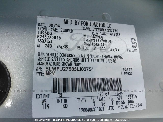 5LMFU27585LJ02754 - 2005 LINCOLN NAVIGATOR TEAL photo 9