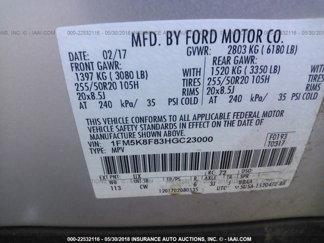 1FM5K8F83HGC23000 - 2017 FORD EXPLORER LIMITED 银色 照片 9