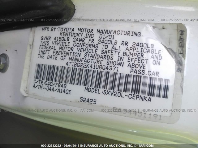 4T1BG22K41U804371 - 2001 TOYOTA CAMRY CE/LE/XLE 白色 照片 9