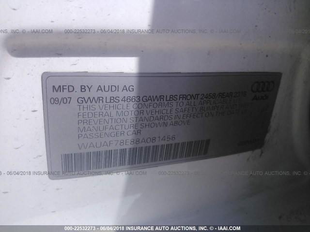 WAUAF78E88A081456 - 2008 AUDI A4 2.0T WHITE photo 9