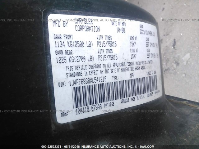 1J4FF68S8XL541219 - 1999 JEEP CHEROKEE SPORT/CLASSIC მწვანე ფოტო 9