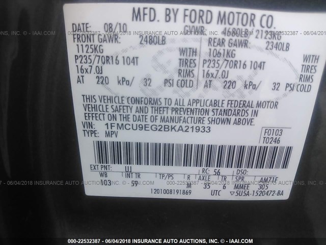 1FMCU9EG2BKA21933 - 2011 FORD ESCAPE LIMITED GRAY photo 9