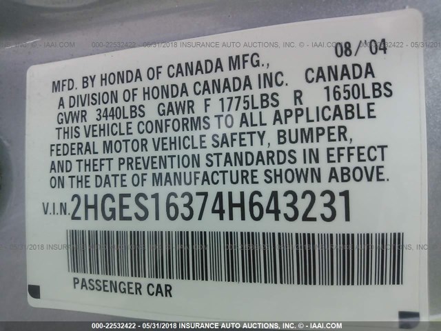 2HGES16374H643231 - 2004 HONDA CIVIC DX VP SILVER photo 9