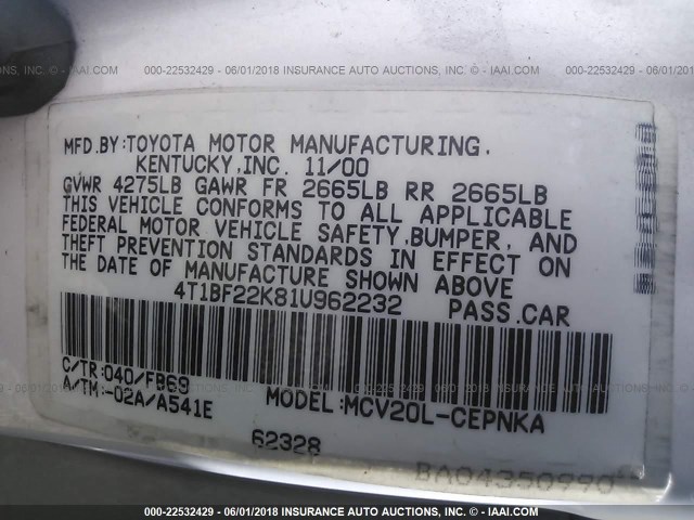 4T1BF22K81U962232 - 2001 TOYOTA CAMRY LE/XLE WHITE photo 9