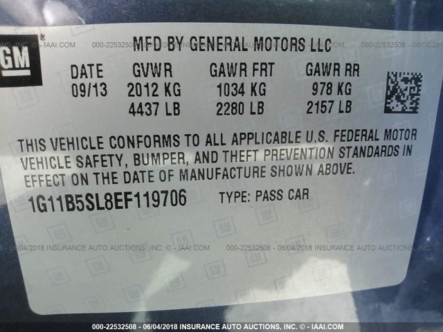 1G11B5SL8EF119706 - 2014 CHEVROLET MALIBU LS 蓝色 照片 9